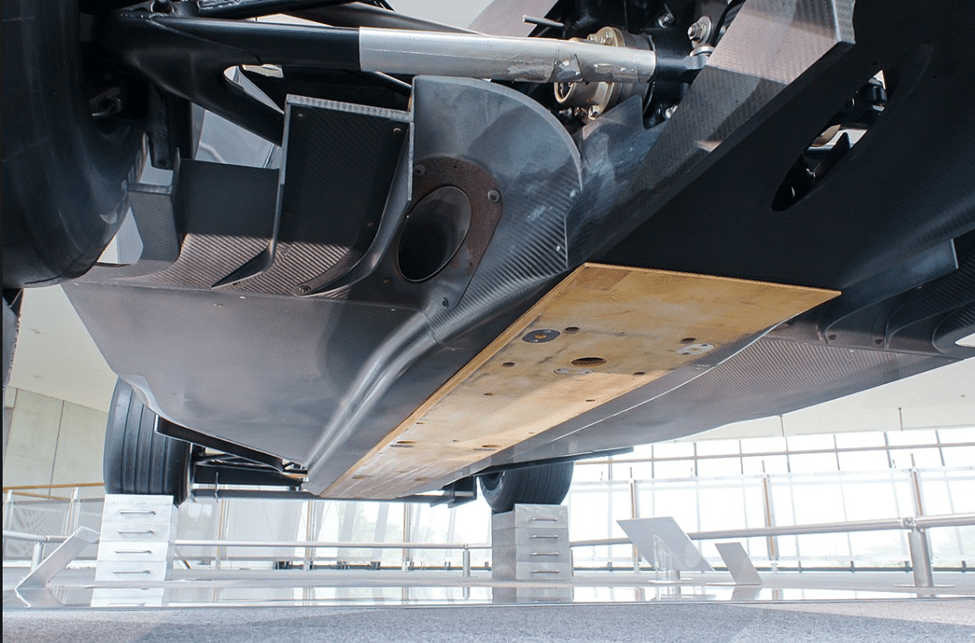 Underside of an F1 car revealing the wooden plank
