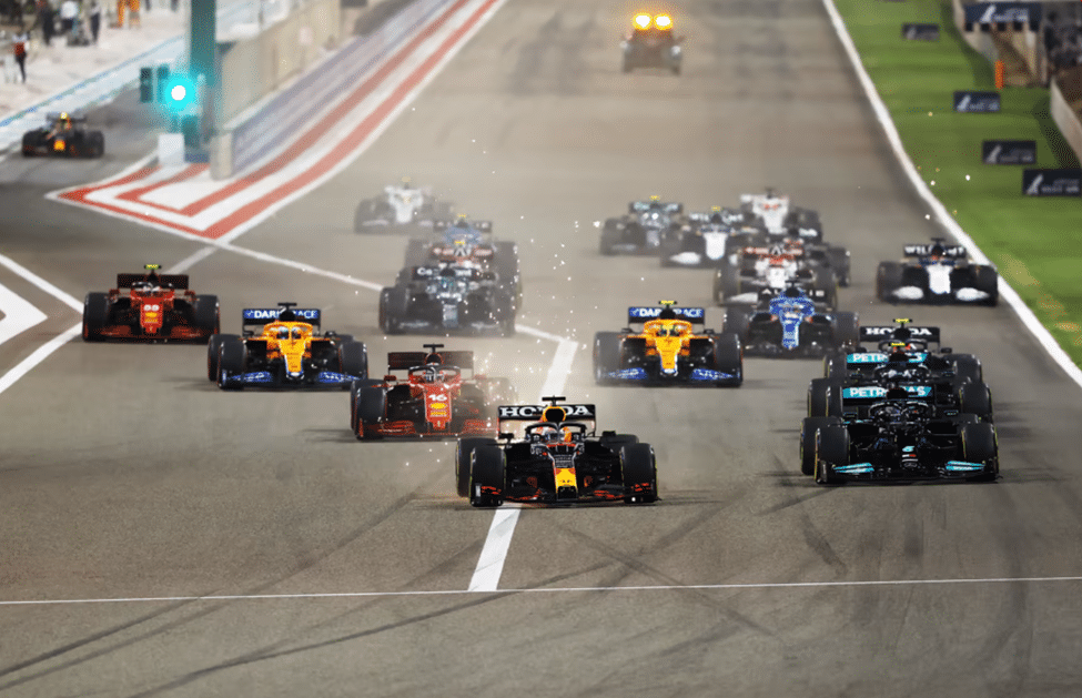 F1 cars bunched together at the start of a race in Bahrain